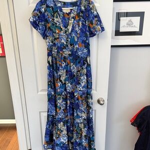 Anthropologie Blue Floral & Orange Accent Maxi Dress- somerset